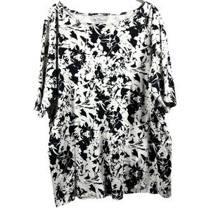 Chicos‎ Women's Top Plus XXL 2X Black White Floral Short Sleeve Pullover Cotton